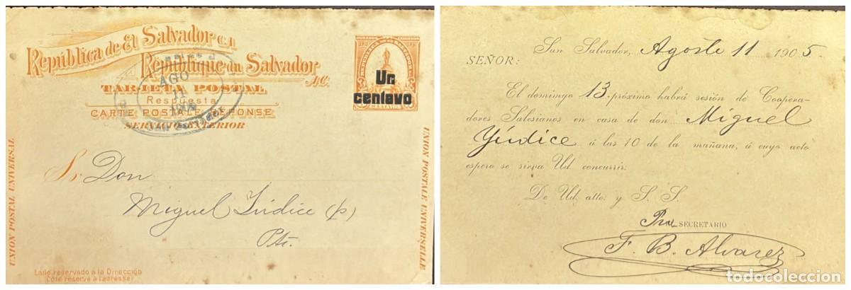 Sellos: O) 1905 EL SALVADOR, SAN SALVADOR, MORAZAN MONUMENT. UN CENTAVO OVERPRINTED, UPU, POSTAL STATIONER