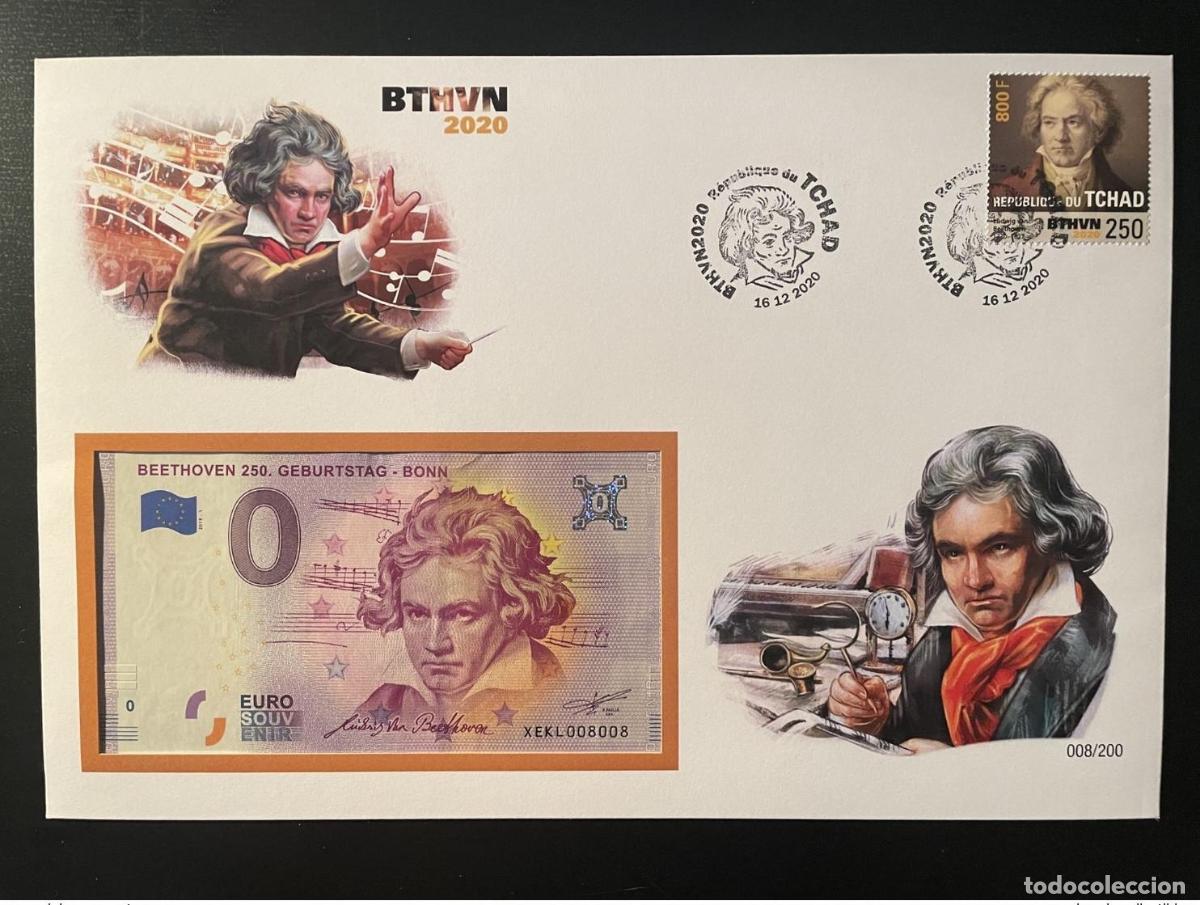 Sellos: Funda para billetes de recuerdo en euros 250. Ludwig Van Beethoven M&uacute;sica Chad BTHVN
