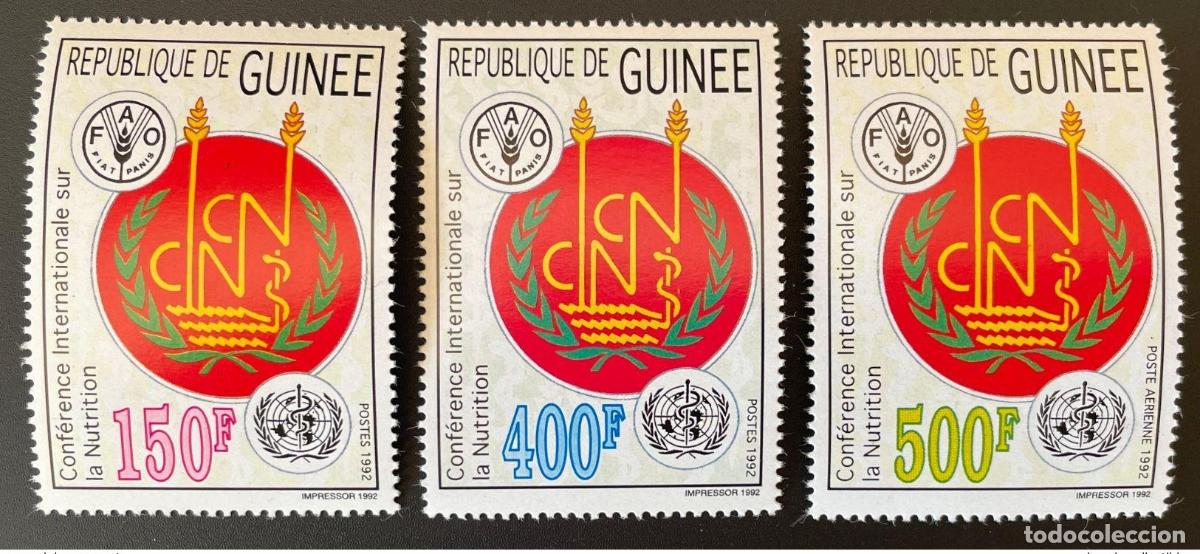 Sellos: Guinea 1992 Mi. 1387 - 1389A Conferencia Nutrici&oacute;n FAO OMS Mapa de alimentos