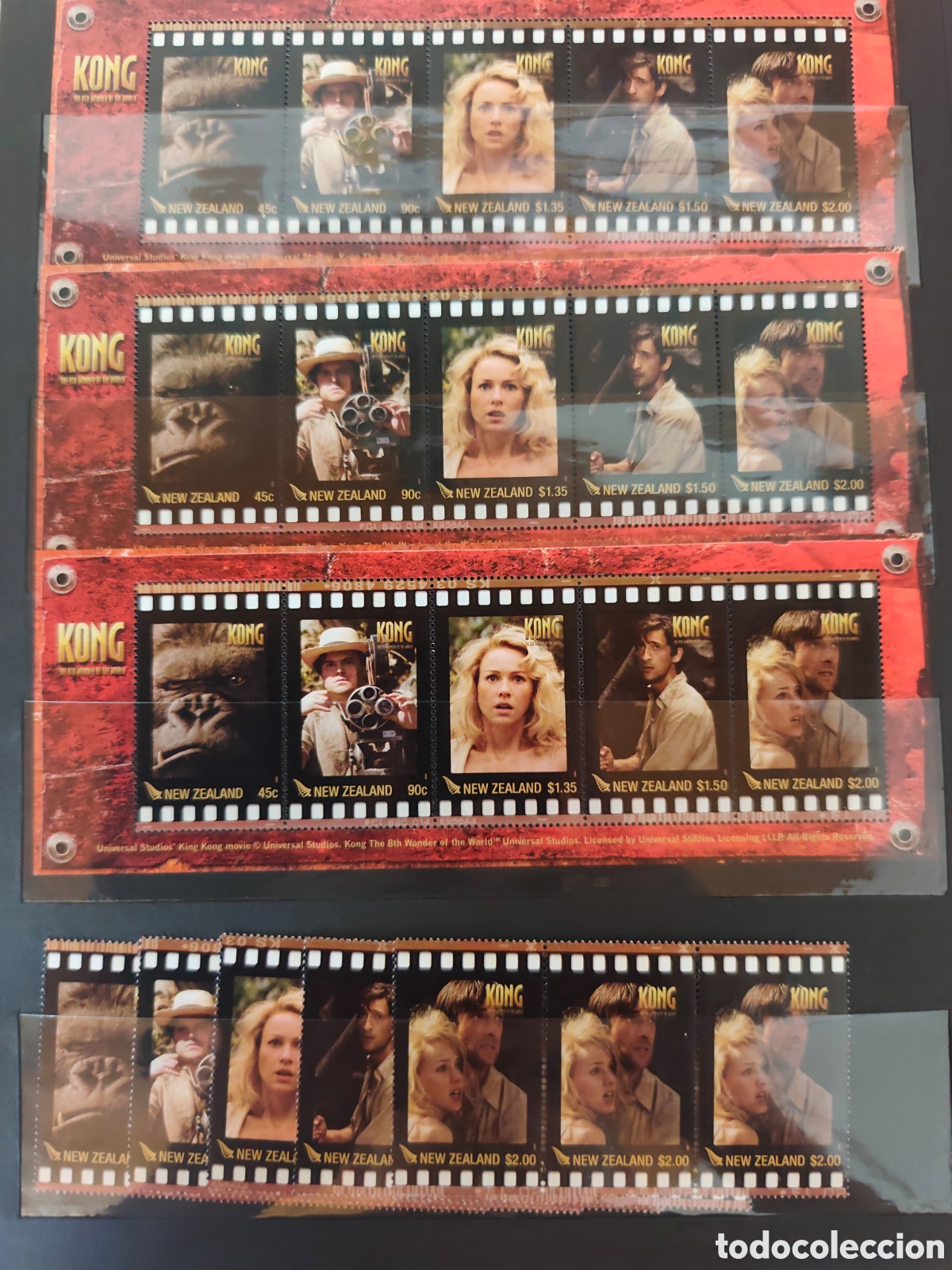 Sellos: Lote de 3 series Nueva Zelanda Kong 5 Valores +1 Personajes Hollywood