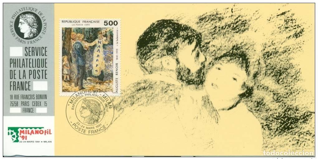 Sellos: 074 Mapa oficial Exposici&oacute;n Milanofil 1991 Francia FDC Art Auguste Renoir