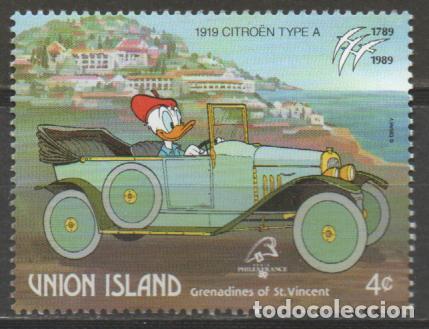 Sellos: UNION ISLAN D, GRANADINAS DE SAN VICENTE, EL PATO DONALD DE DISNEY EN UN CITROEN TIPO A DE 1919