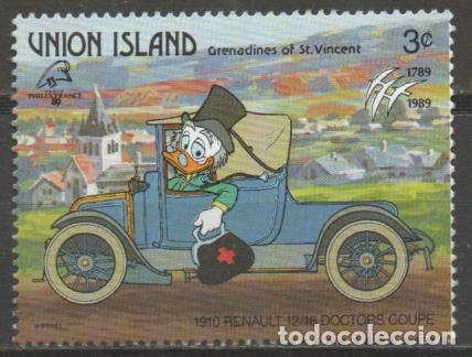 Sellos: UNION ISLAN D, GRANADINAS DE SAN VICENTE, TIO GILITO DONALD EN UN RENAULT DOCTOR COUPE DE 1910 NUEVO