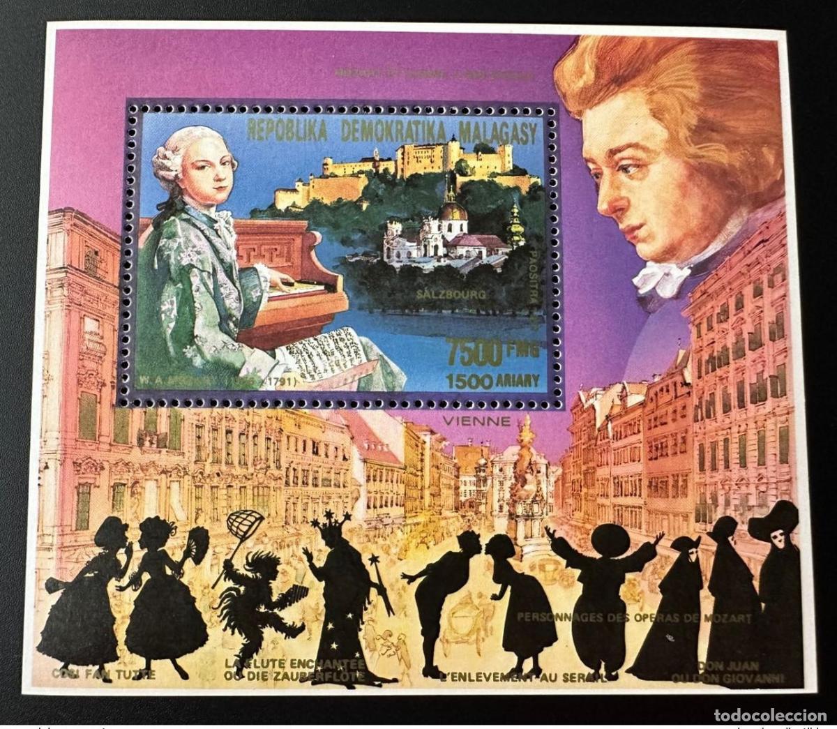 Sellos: Madagascar 1992 Bl. 194 II Wolfgang Amadeus Mozart M&uacute;sica de Salzburgo