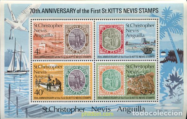 Sellos: 330881 MNH SAN CRISTOBAL-NEVIS-ANGUILLA 1973 70 ANIVERSARIO DEL PRIMER SELLO DE St. KITTS-NEVIS