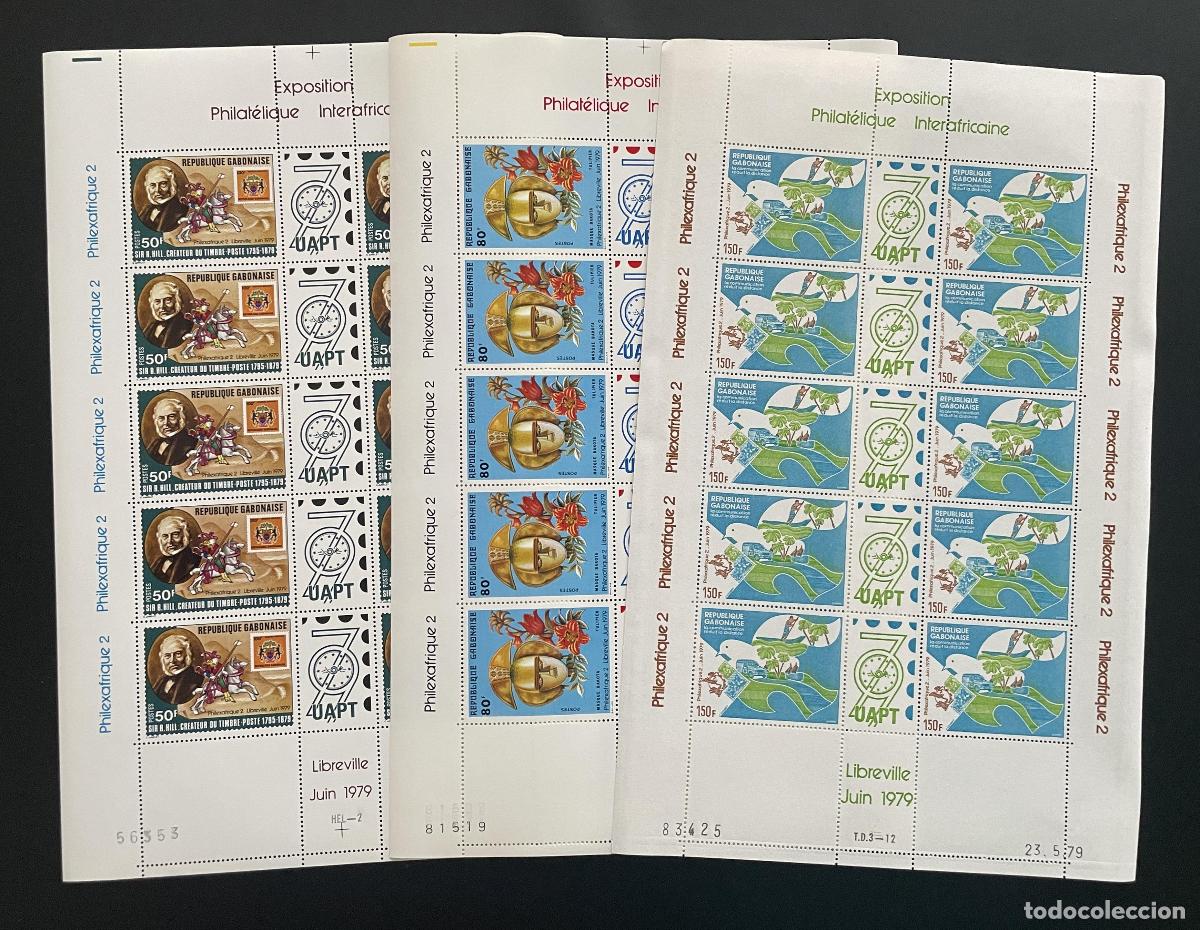 Sellos: Gab&oacute;n 1979 YT 418A-420A tabl&oacute;n Philexafrique 2 UAPT Hill flores correo