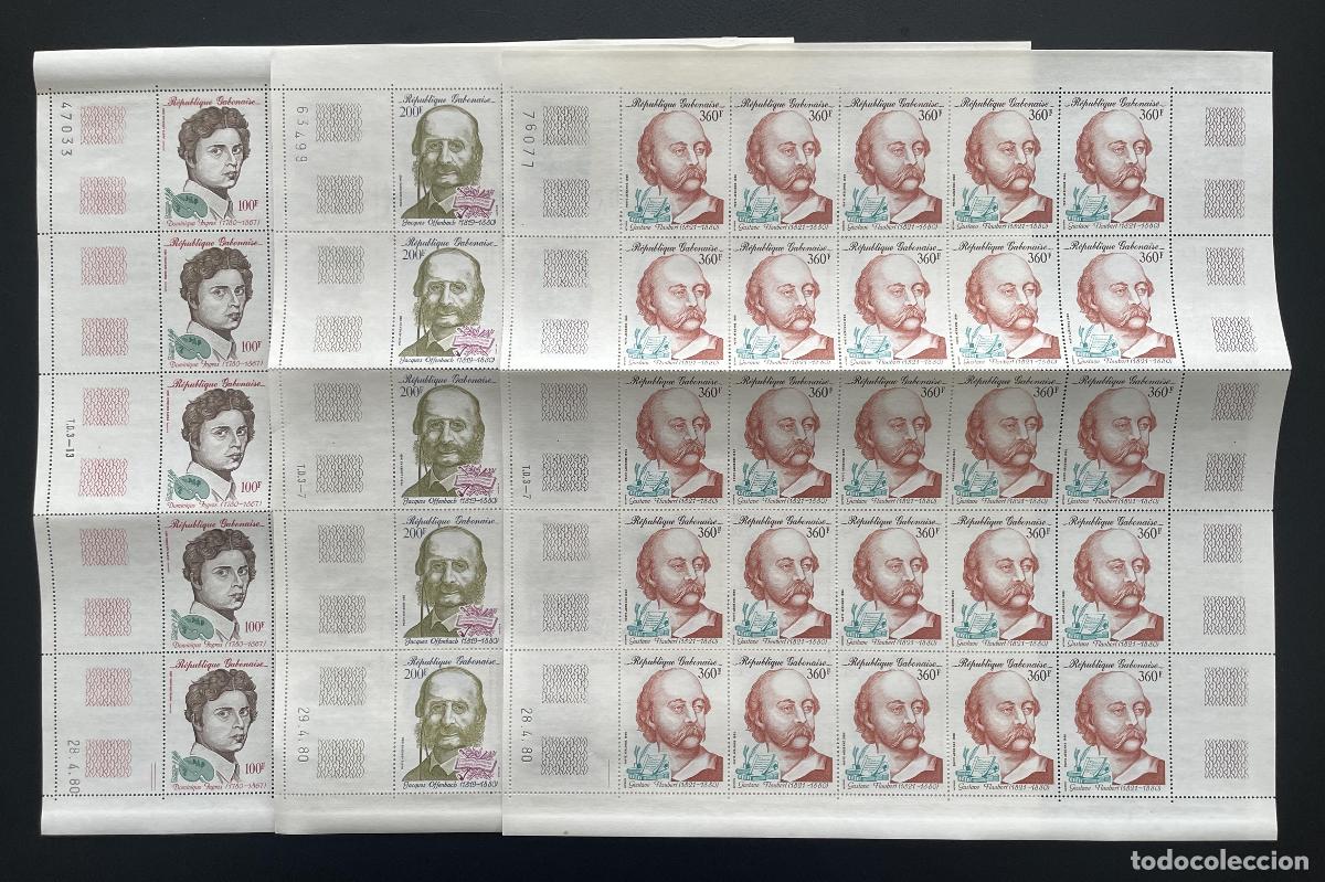 Sellos: Gab&oacute;n 1980 YT PA 229-231 tabl&oacute;n Ingres Offenbach Flaubert celebridades