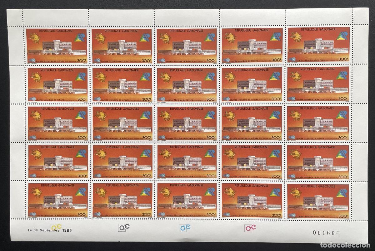 Sellos: Gab&oacute;n 1985 YT PA 268 bloque D&iacute;a Mundial Correos UPU arquitectura