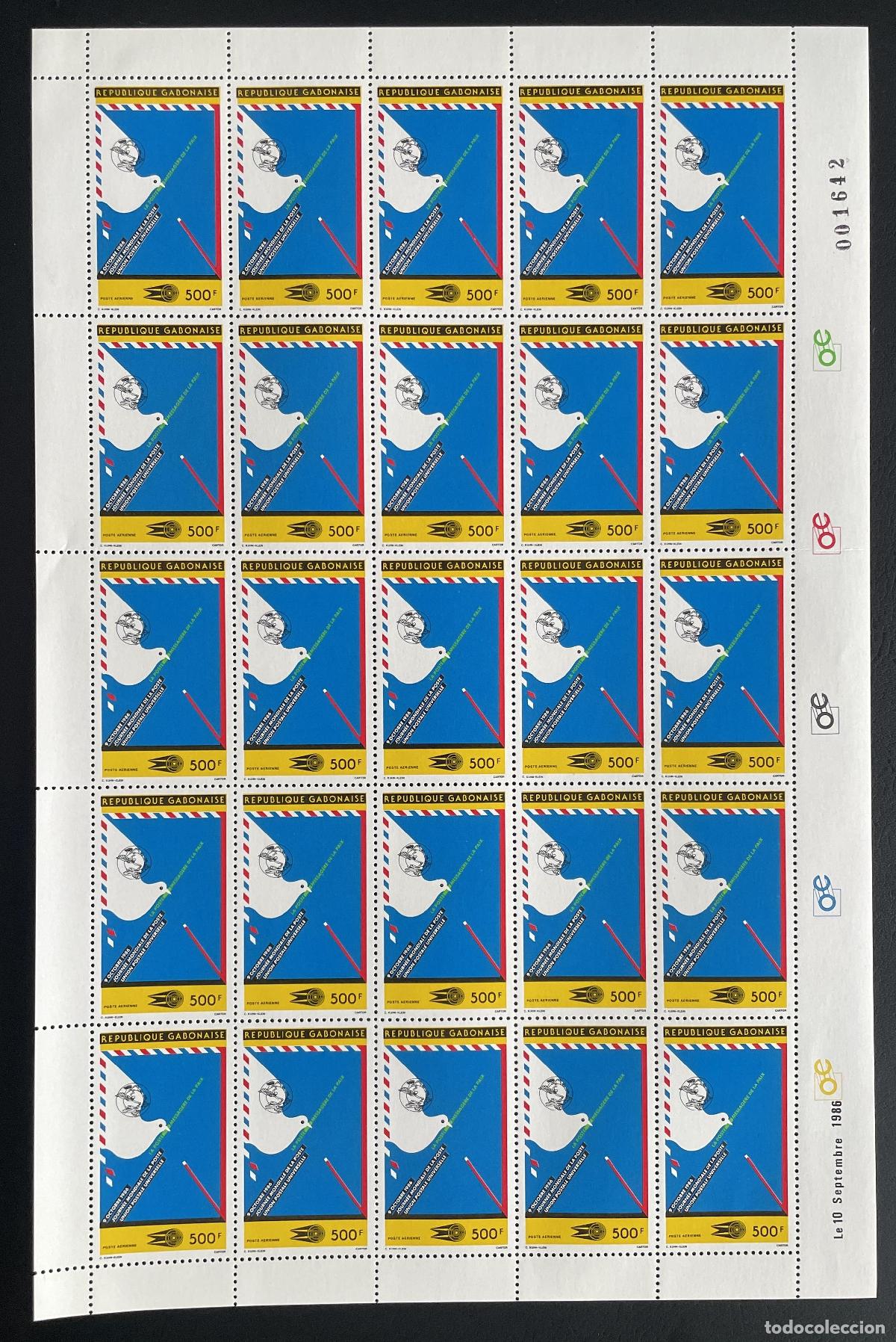 Sellos: Gab&oacute;n 1986 YT PA 283 bloque D&iacute;a Mundial Correos paloma globo a&eacute;reo