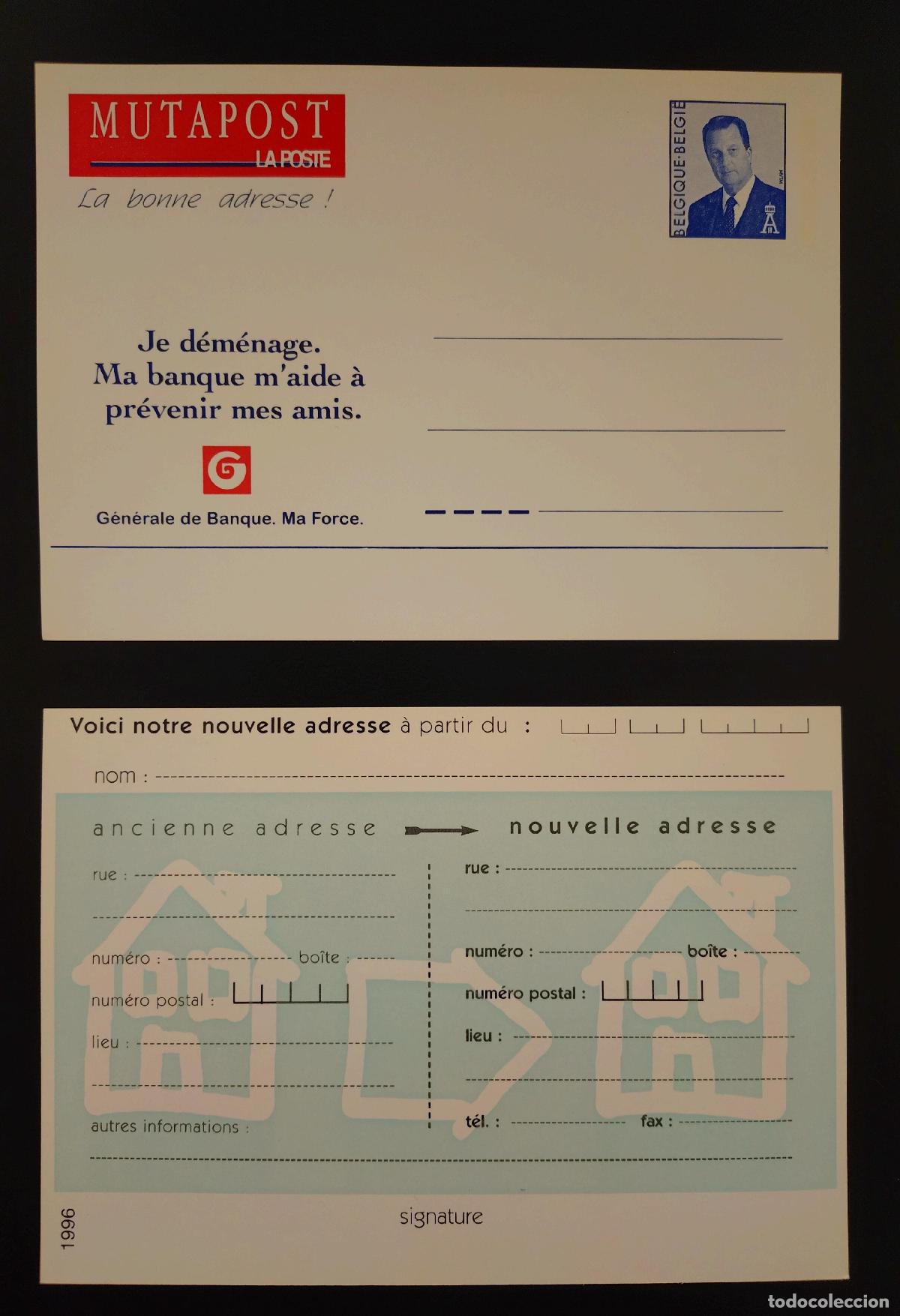 Sellos: B&eacute;lgica Mutapost completo postal G&eacute;n&eacute;rale de Banque cambio direcci&oacute;n 1996 FR
