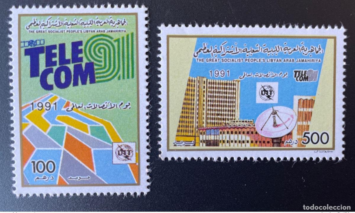 Sellos: Libia 1991 Mi. 1868 - 1869 Telecom '91 Radiotel&eacute;fono de telecomunicaciones la UIT