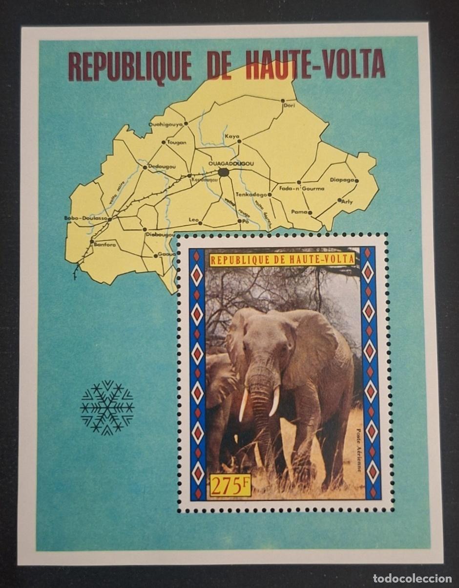 Selos: Alto Volta 1973 Mi. Bl. 18 elefantes mapa &Aacute;frica fauna salvaje