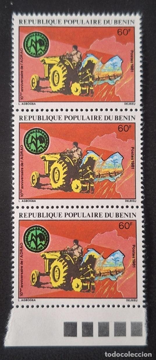 Stamps: Ben&iacute;n 1981 Mi. 276 tira de 3 10&deg; aniversario ADRAO tractor