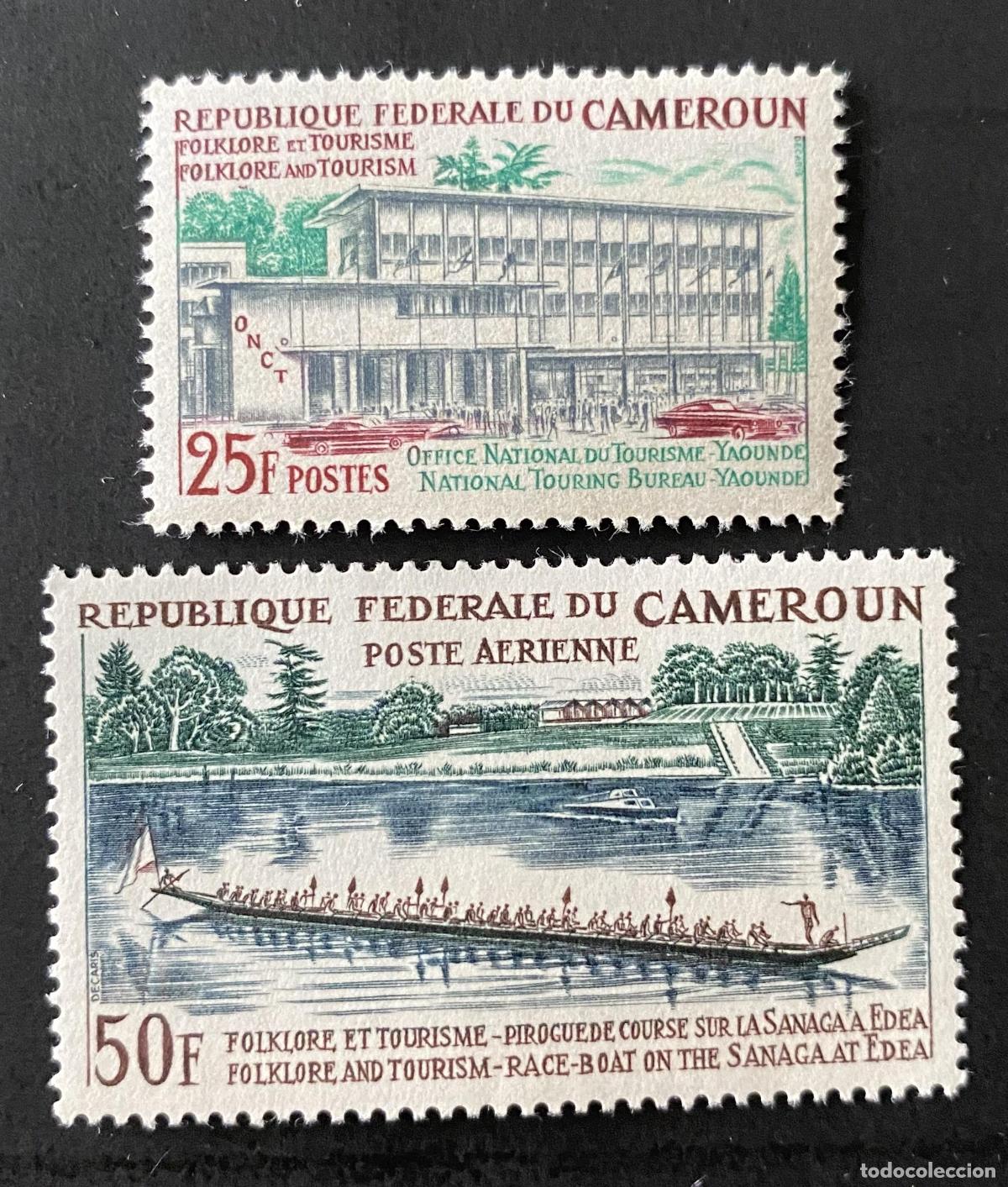 Sellos: Camer&uacute;n 1966 Mi. 444-445 Folclore turismo Yaund&eacute; piragua Sanaga Edea