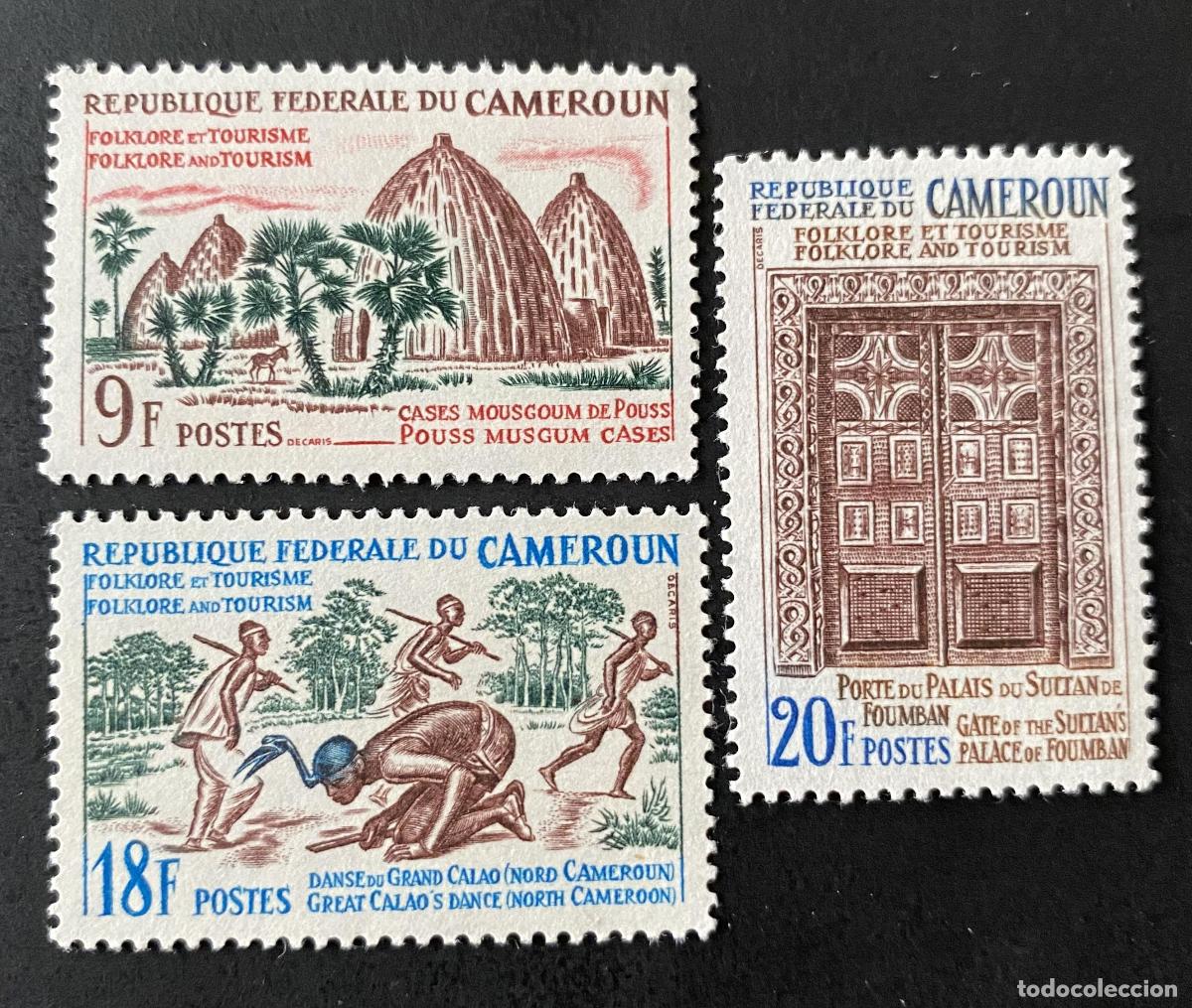 Sellos: Camer&uacute;n 1965 Mi. 446-448 Folclore turismo casas Mousgoum danza C&aacute;lao