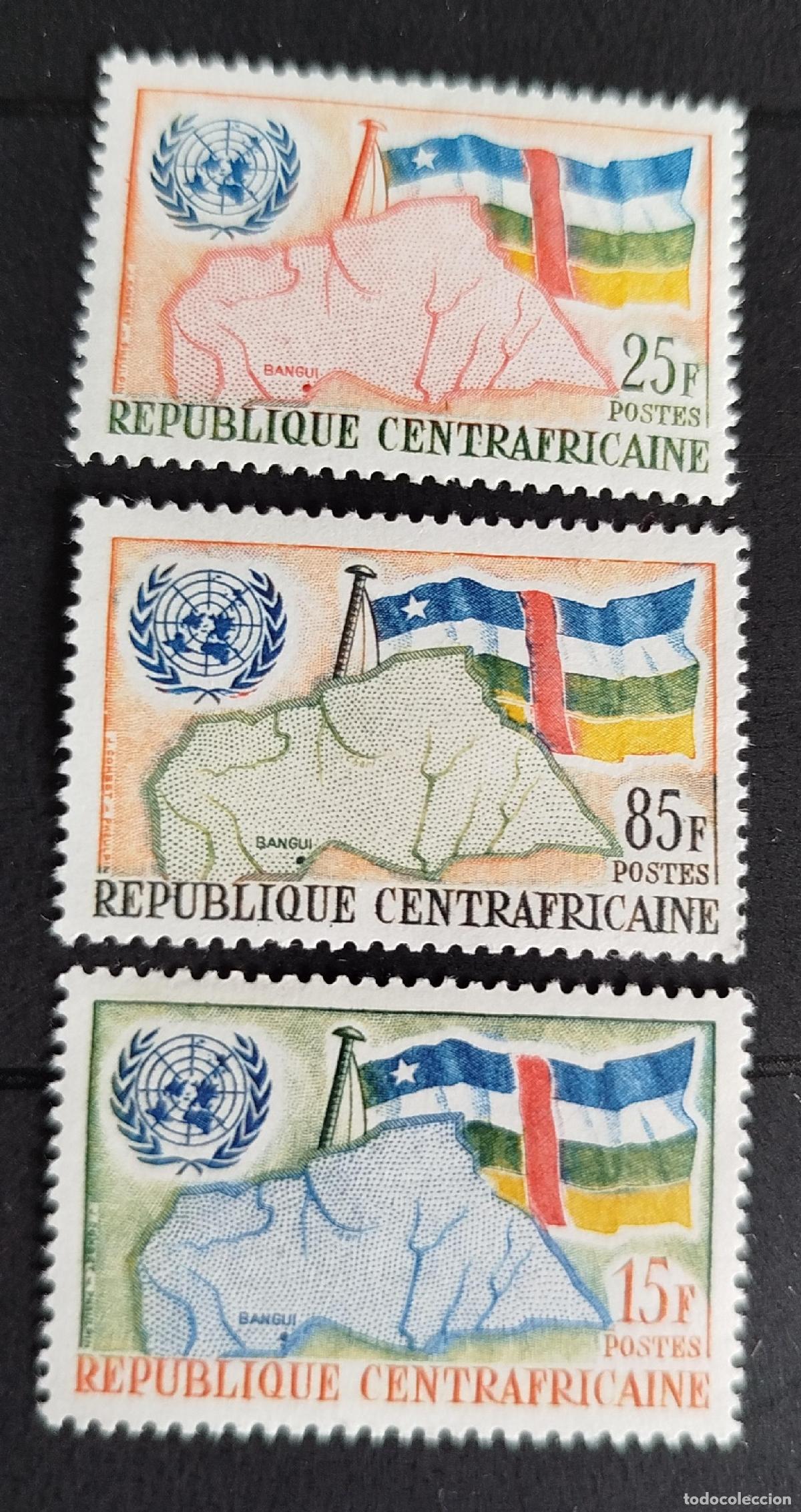 Sellos: Centro&aacute;frica 1961 Mi. 18-20 admisi&oacute;n ONU mapa bandera Bangui