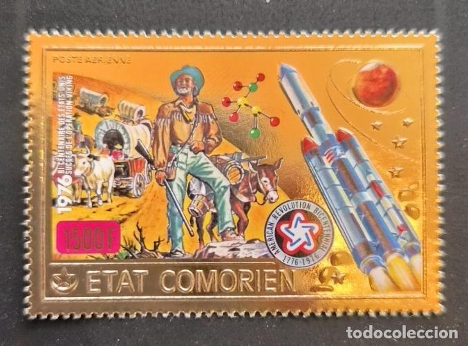 Sellos: Comoras 1976 Mi. 312 Bicentenario USA espacio cohete oro gold