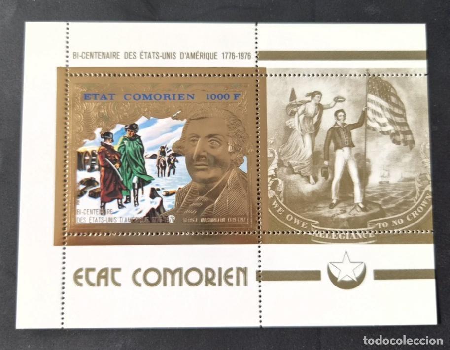 Sellos: Comoras 1976 Mi. Bl. 18 Bicentenario Estados Unidos Washington oro