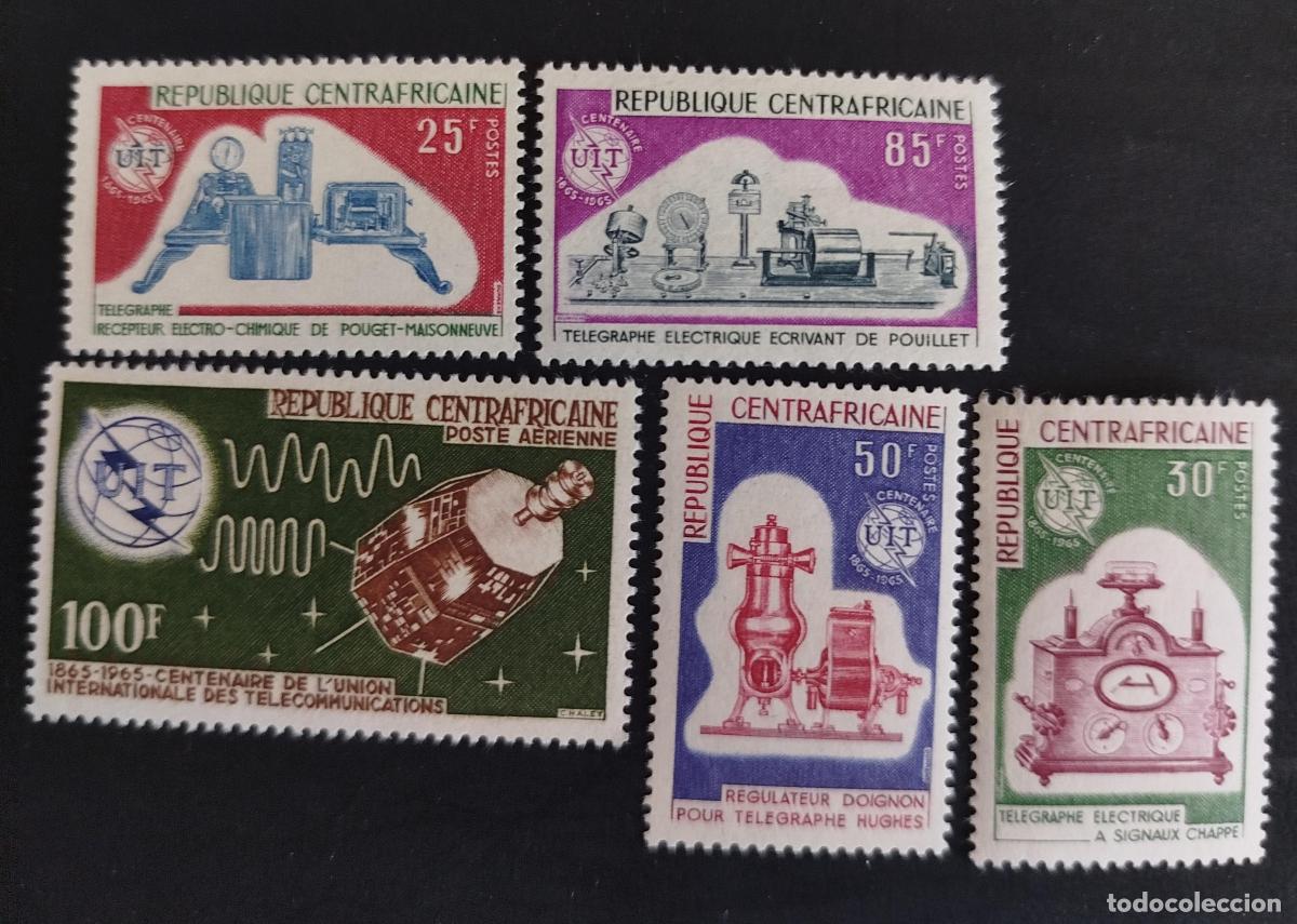 Sellos: Centro&aacute;frica 1965 Mi. 78-82 Centenario UIT telecomunicaciones tel&eacute;grafo