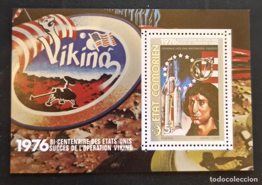 Sellos: Comoras 1976 Mi. Bl. 305 Viking Cop&eacute;rnico espacio cohete bicentenario