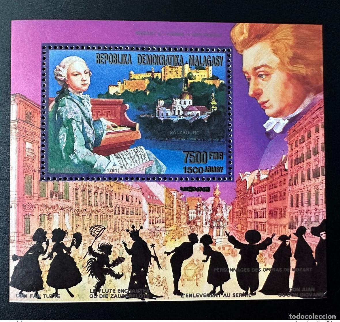 Sellos: Madagascar 1992 Bl. 194 I Wolfgang Amadeus Mozart Salzburgo M&uacute;sica