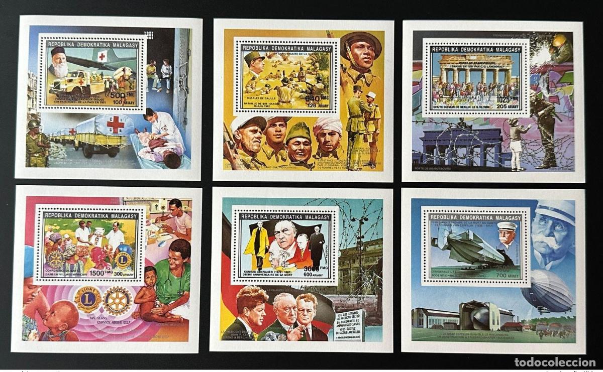 Sellos: Madagascar 1992 Bl. Mi. 1391/1397 II Club de Leones Adenauer Brandenburger Dunant