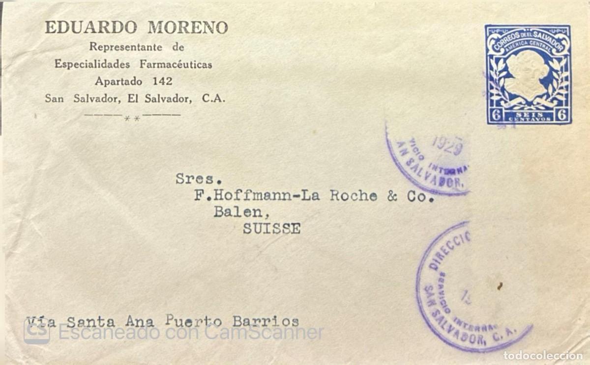 Sellos: O) 1929 EL SALVADOR, SAN SALVADOR, SERVICIO INTERNACIONAL, UPU, TULLA SERRA, 6c blue, EDUARDO MORENO