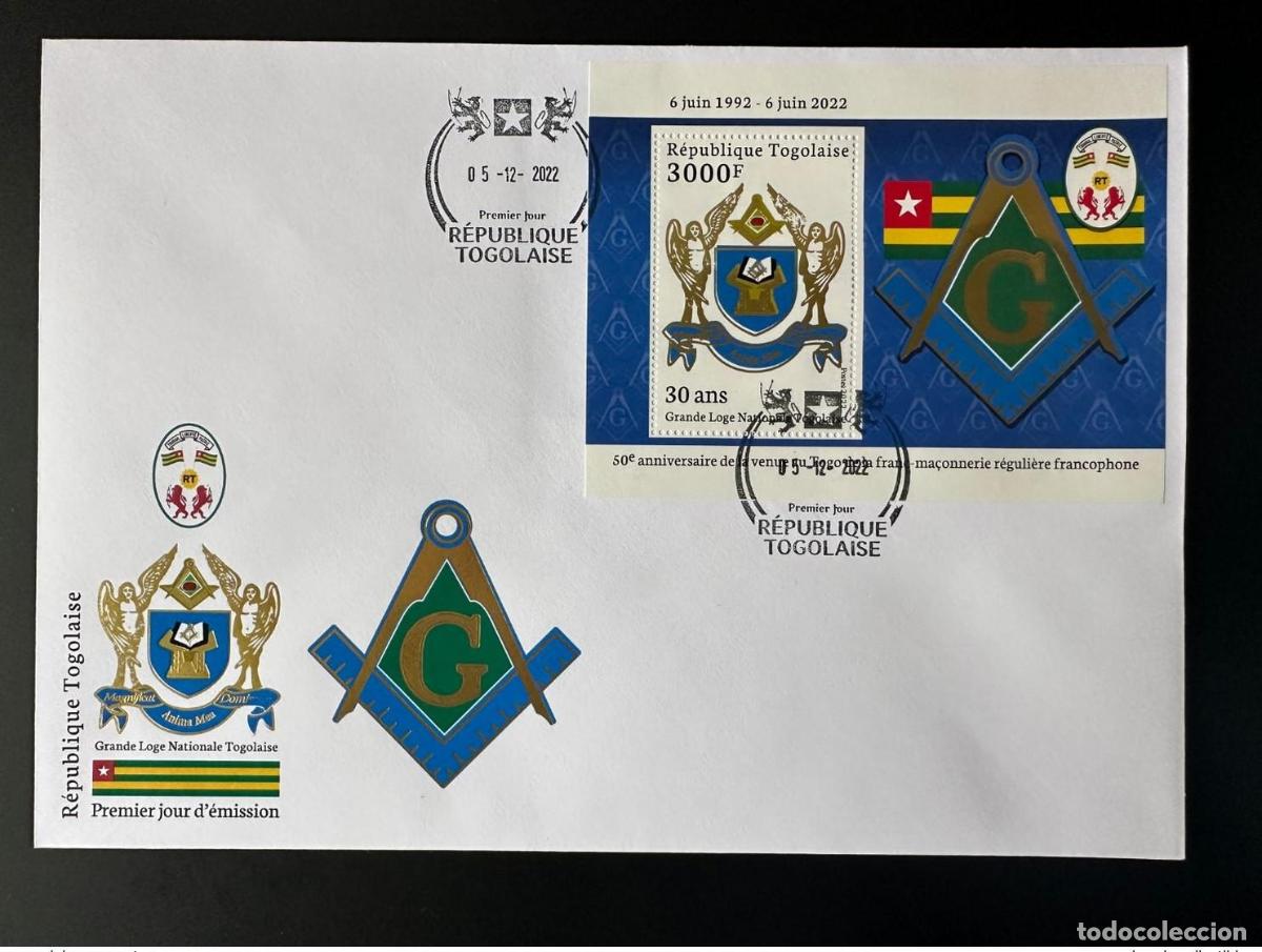 Sellos: Bloque dorado FDC S/S de Togo 2022 Mi.? 50 a&ntilde;os masones regulares la Gran Logia