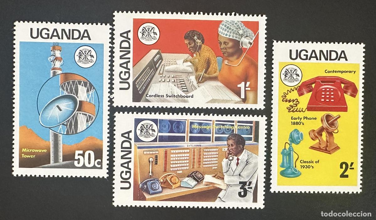 Sellos: Uganda 1976 Mi. 137-140 emisi&oacute;n conjunta telecomunicaciones tel&eacute;fono