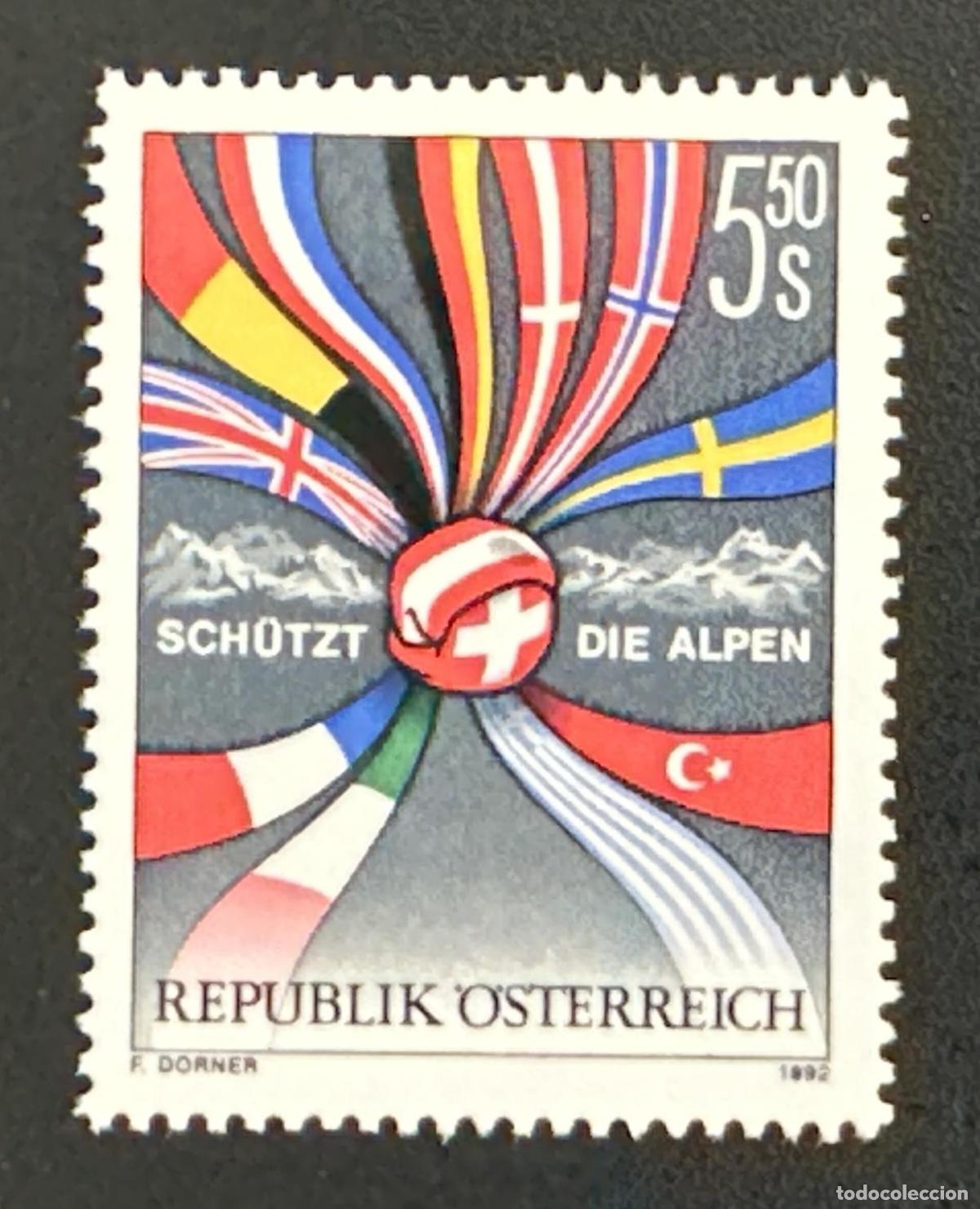 Sellos: Austria 1992 Mi. 2065 emisi&oacute;n conjunta protecci&oacute;n Alpes banderas