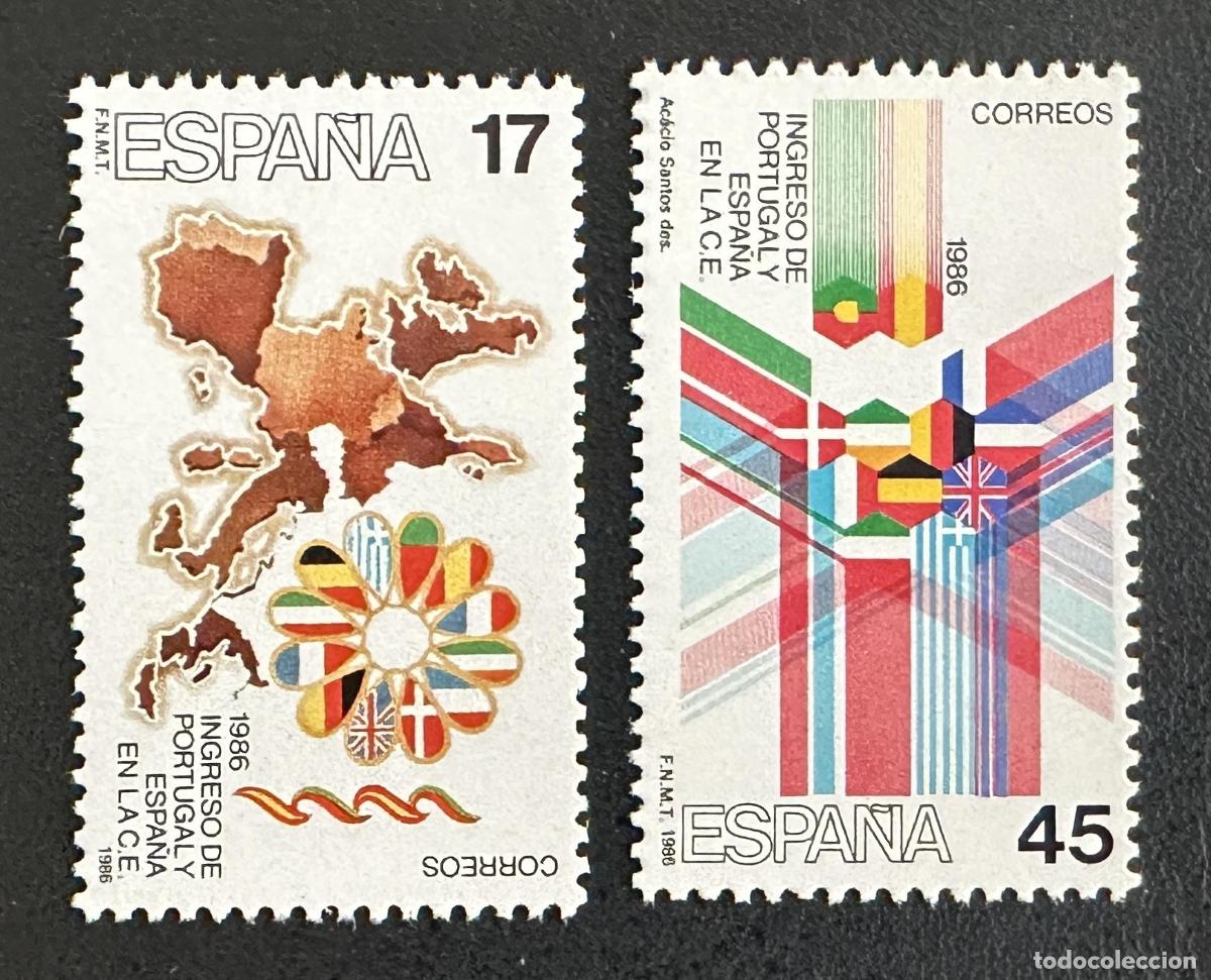 Timbres: Espa&ntilde;a 1986 Mi. 2710 2712 emisi&oacute;n conjunta adhesi&oacute;n CEE banderas