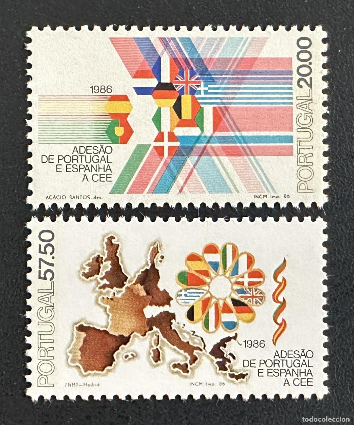 Timbres: Portugal 1986 Mi. 1677-1678 emisi&oacute;n conjunta adhesi&oacute;n CEE banderas
