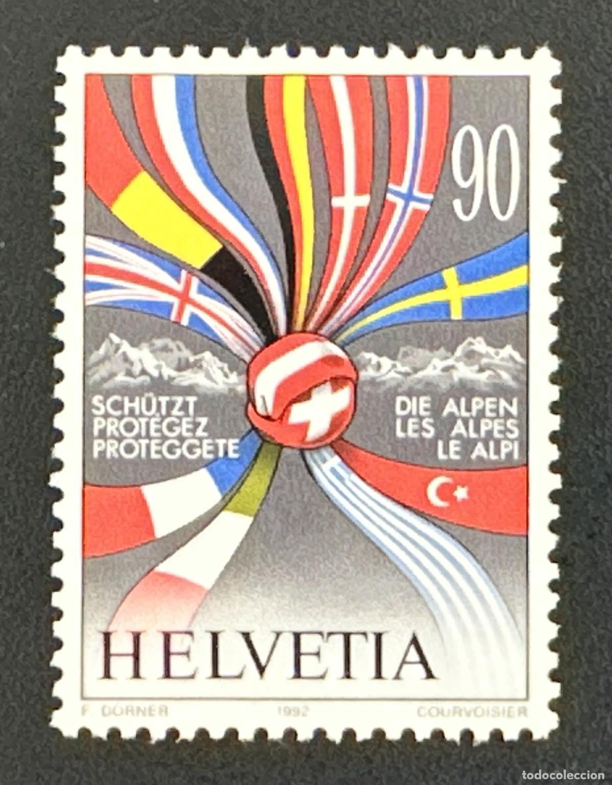Briefmarken: Suiza 1992 Mi. 1477 emisi&oacute;n conjunta protecci&oacute;n Alpes banderas monta&ntilde;as