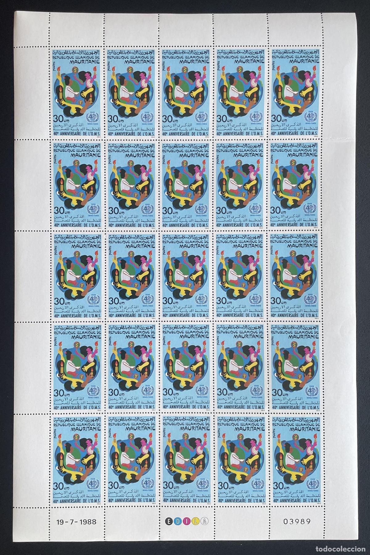 Sellos: Mauritania 1988 YT 607 bloque 40 aniversario OMS salud medicina