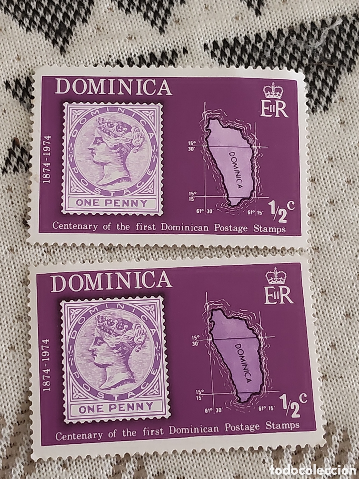 Sellos: 2 Sellos de Dominica centenario de los primeros sellos postales de la isla 1974 muy buenos