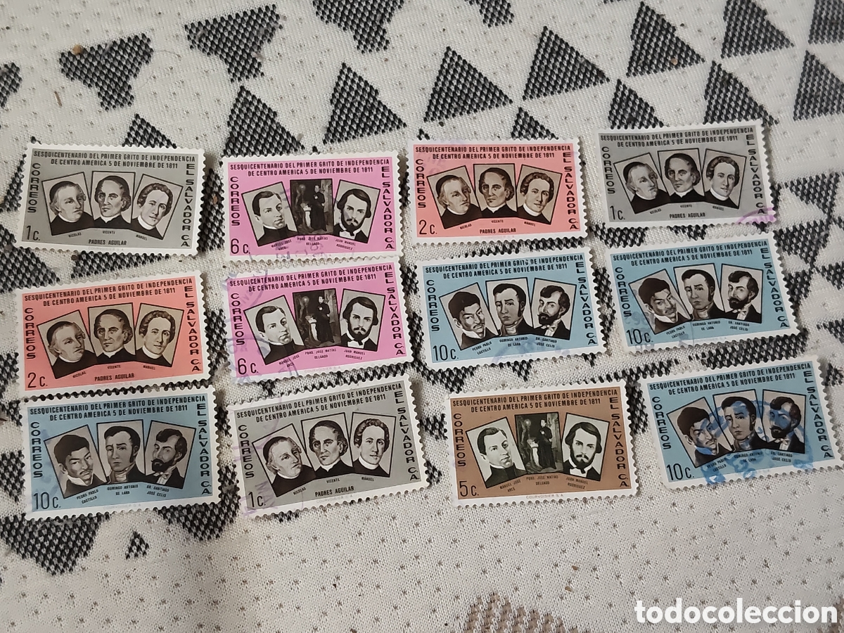 Sellos: 12 sellos de El Salvador Sesquicentenario del primer grito de independencia de Centroam&eacute;rica 1961
