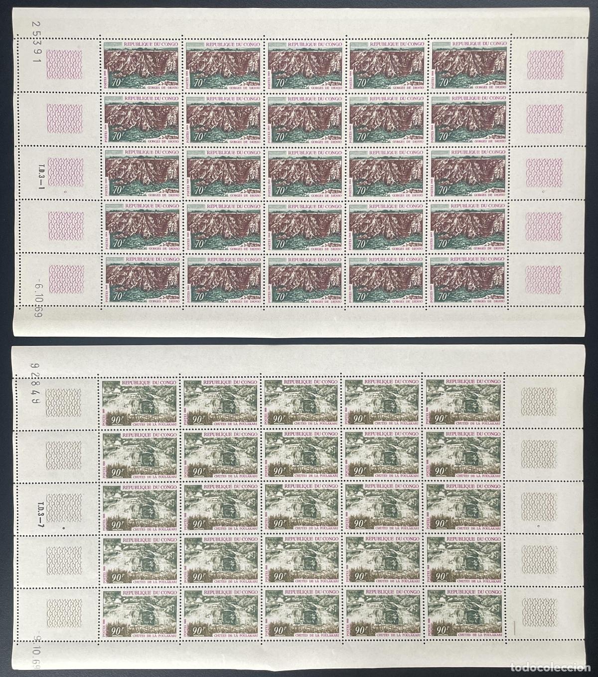 Sellos: Congo 1970 YT 252-253 tabl&oacute;n Gargantas de Diosso Cataratas Foulakari paisajes turismo
