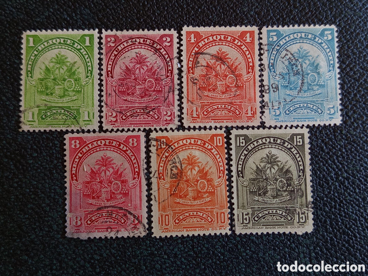 Sellos: Lote 7 Sellos Hait&iacute; 1902 Escudo de Armas Serie Regular (Scott 60/66 o Var)