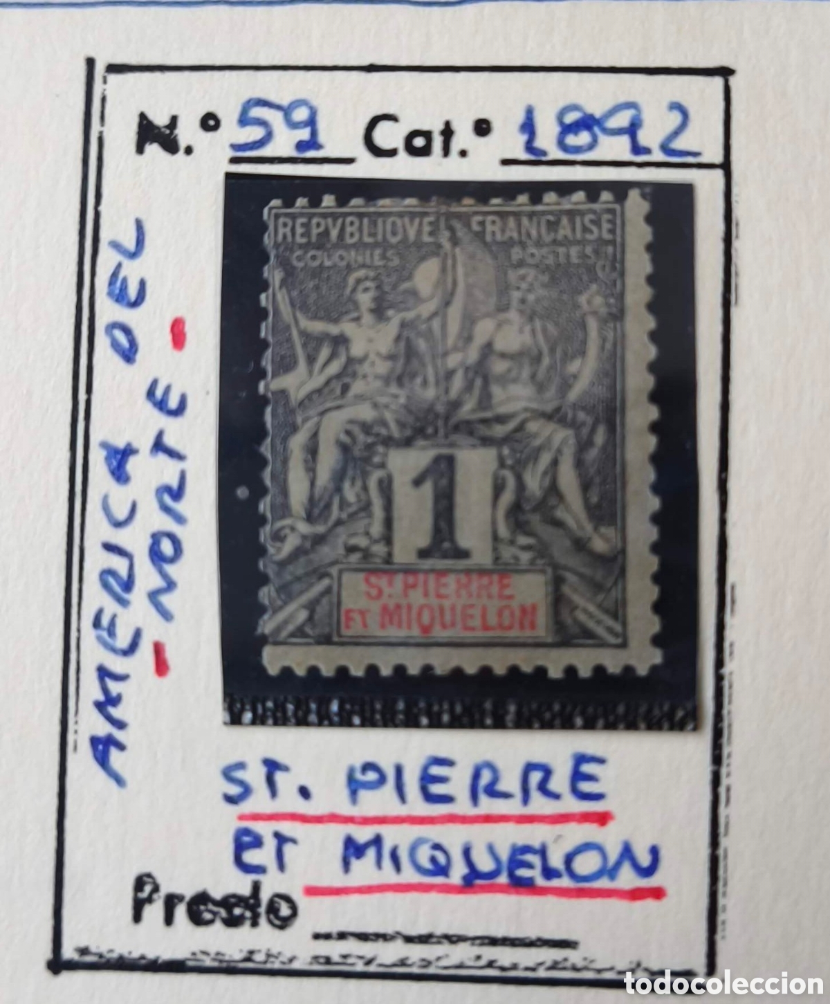 Sellos: San Pedro y Miquel&oacute;n. 1892. Un c&eacute;ntimo