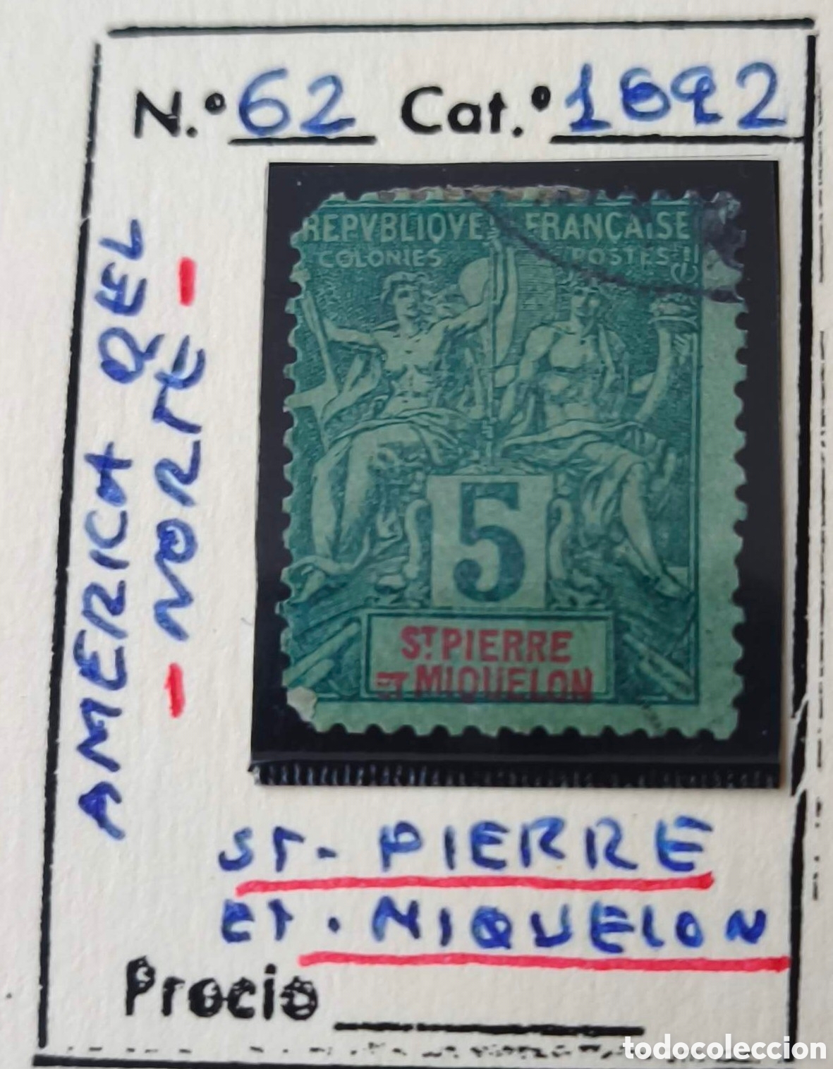 Sellos: San Pedro y Miquel&oacute;n. 1892. 5 c&eacute;ntimos