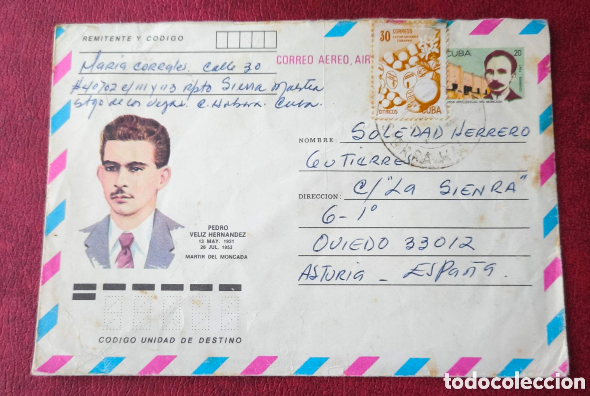 Sellos: Cuba. A&ntilde;os '60. Correo a&eacute;reo. Pedro Veliz Hern&aacute;ndez. Sobre circulado