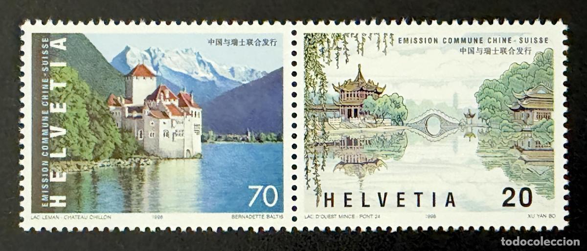 Timbres: Suiza 1998 Mi. 1667-1668 emisi&oacute;n conjunta China lago Lem&aacute;n Chill&oacute;n
