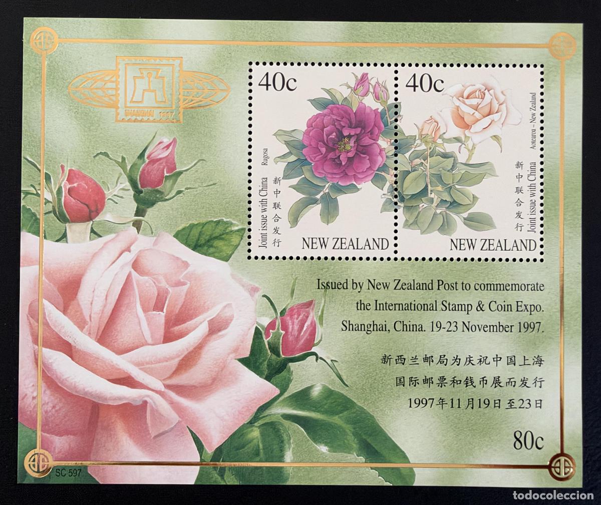 Sellos: Nueva Zelanda 1997 Mi. Bl. 69 I emisi&oacute;n conjunta China rosas flores