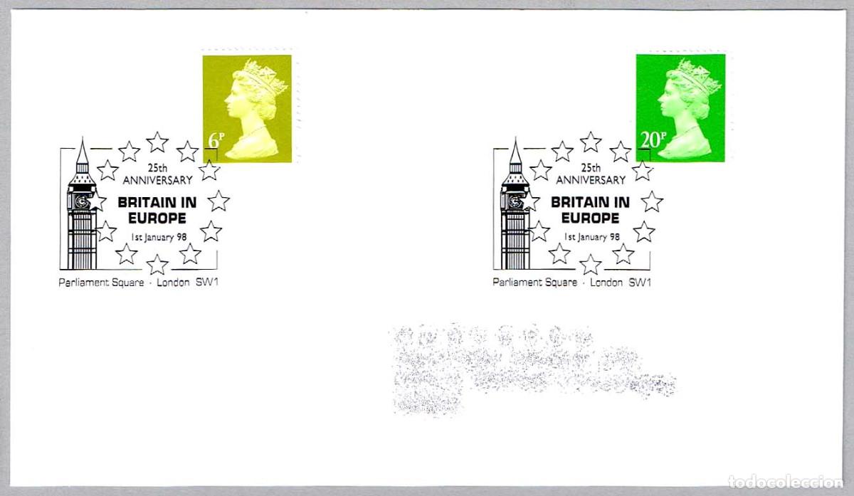 Sellos: Matasellos EUROPA - 25 ANIV. REINO UNIDO EN EUROPA. Parliament Square, London, Reino Unido, 1998