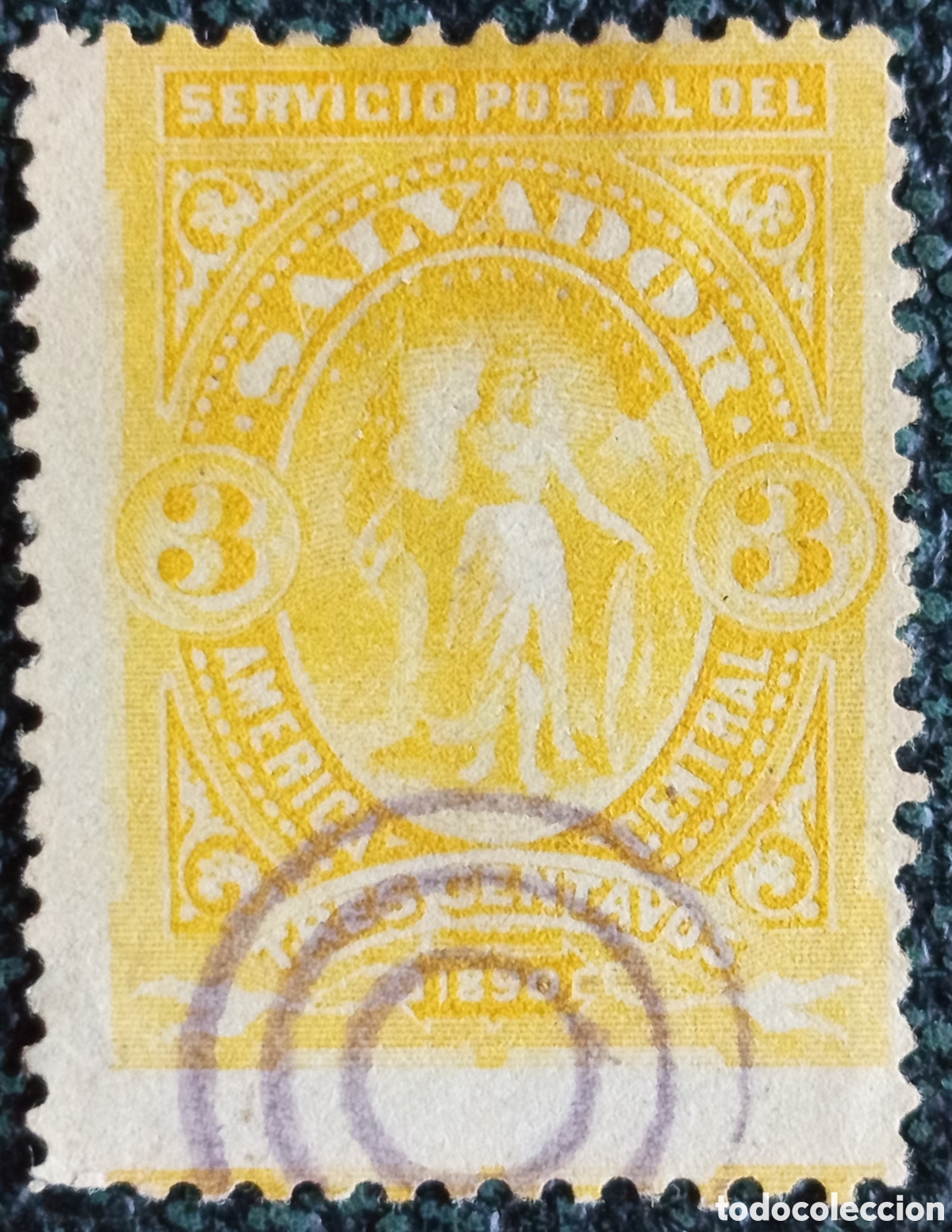 Sellos: Sello El Salvador 3c Amarillo Alegoria 1890 Matasellos Violeta Scott#39 Usado