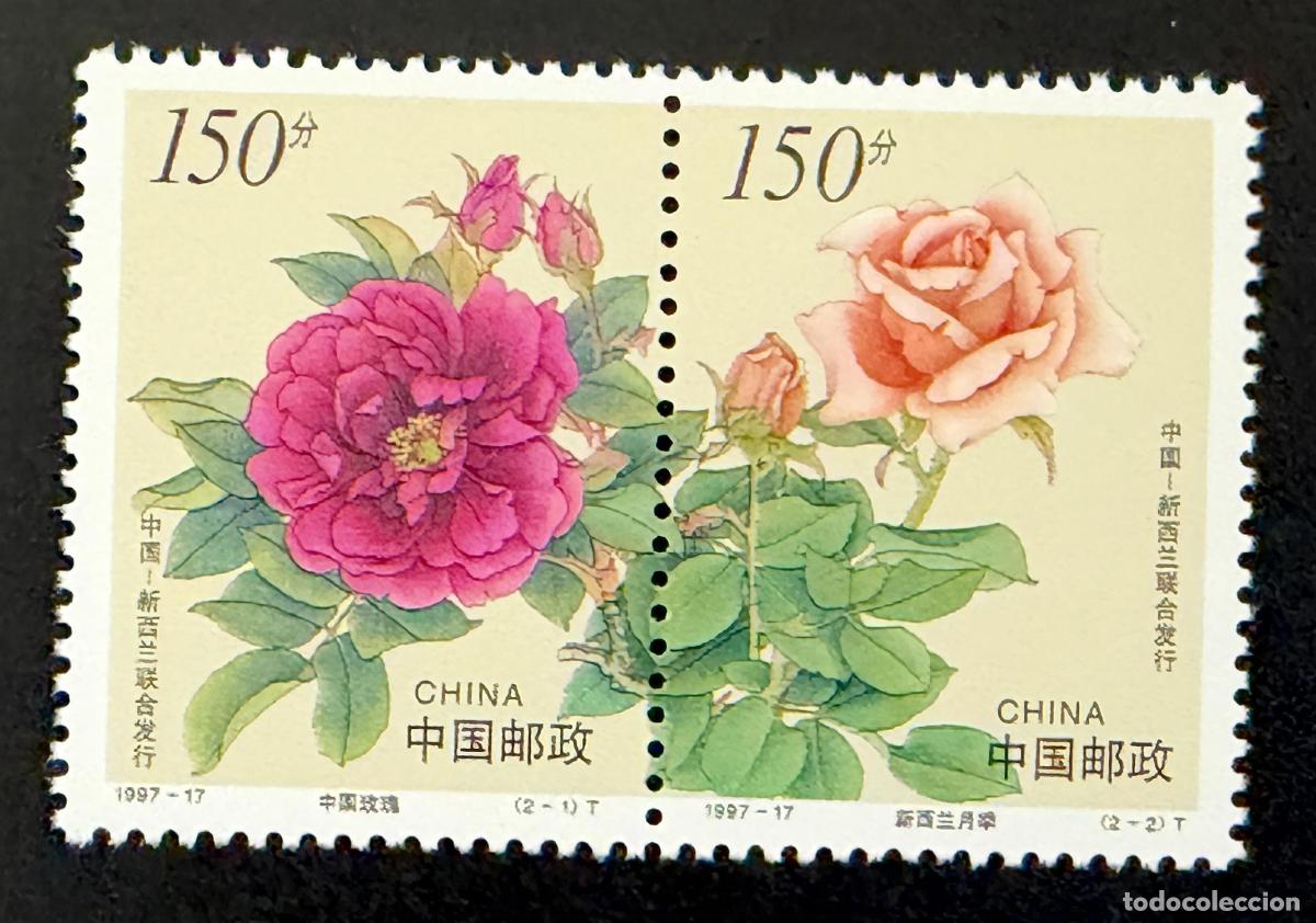 Sellos: China 1997 Mi. 2837-2838 emisi&oacute;n conjunta Nueva Zelanda rosas flores