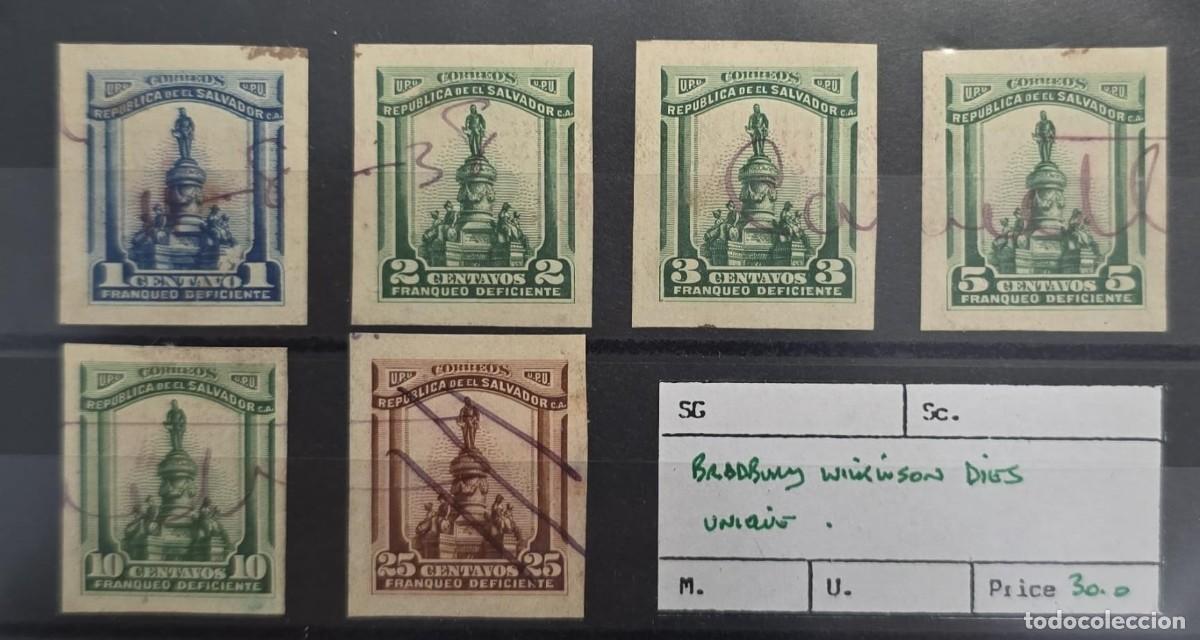 Sellos: O) EL SALVADOR, PROOF POSTAGE DUE STAMPS, MORAZAN MONUMENT, PRINTING PRESS BRADBURY WILKINSON AND