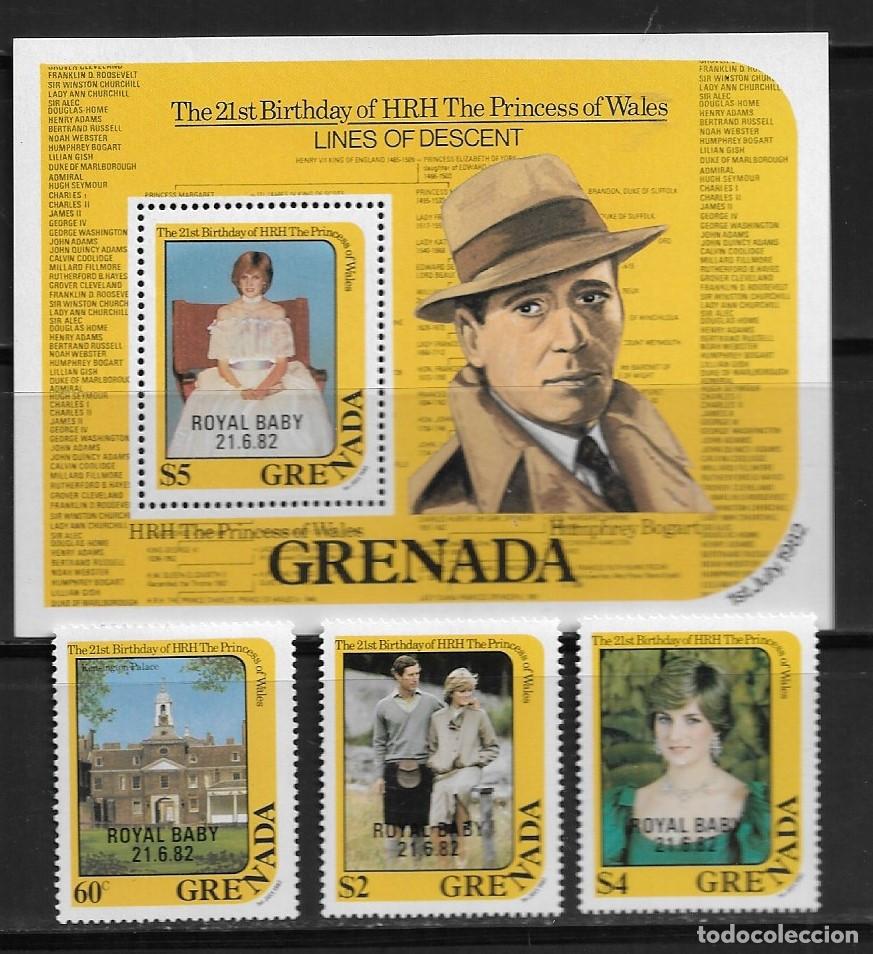 Sellos: GRENADA 1982, SERIE Y HOJA BLOQUE - PRINCESA DIANA -SOBRE-IMPRESI&Oacute;N BEBE REAL. MNH.