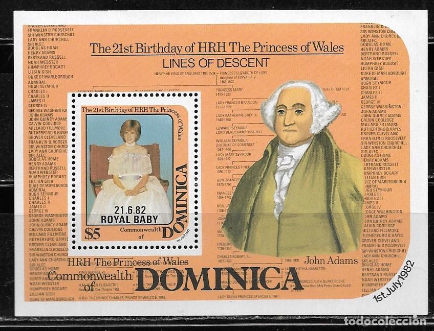 Sellos: DOMINICA 1982, HOJA BLOQUE - PRINCESA DIANA - SOBRE-IMPRESI&Oacute;N BEBE REAL. MNH.