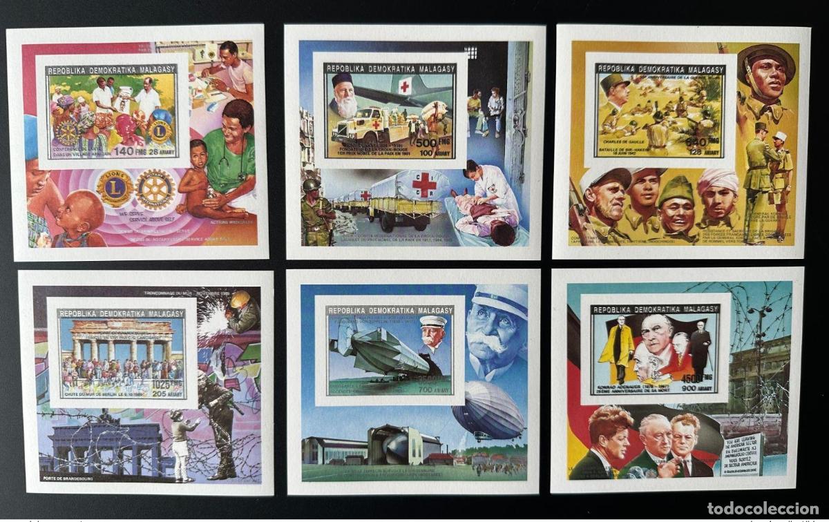 Sellos: Madagascar 1992 IMPERF ND Bl. Mix. 1391/1397 I Zeppelin Lions Dunant De Gaulle